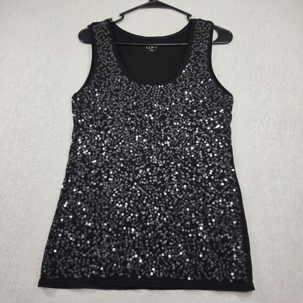 LOFT Ann Taylor Black Sequin Tank Top Shimmer Sleeveless Blouse Party Size S